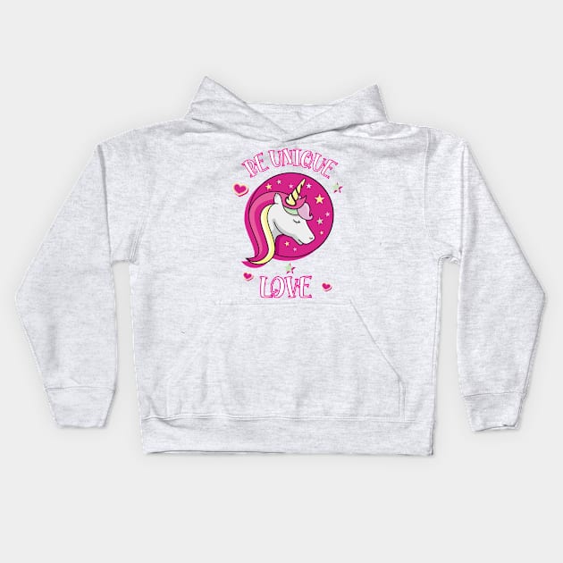 Be Unique Love Beautiful Unicorn Head With Stars And Hearts Pink Kids Hoodie by teezeedy